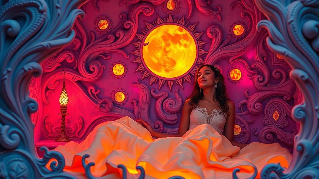 Ethereal Wizard Woman in Neon Sun and Moon Bed, Surreal Arti...