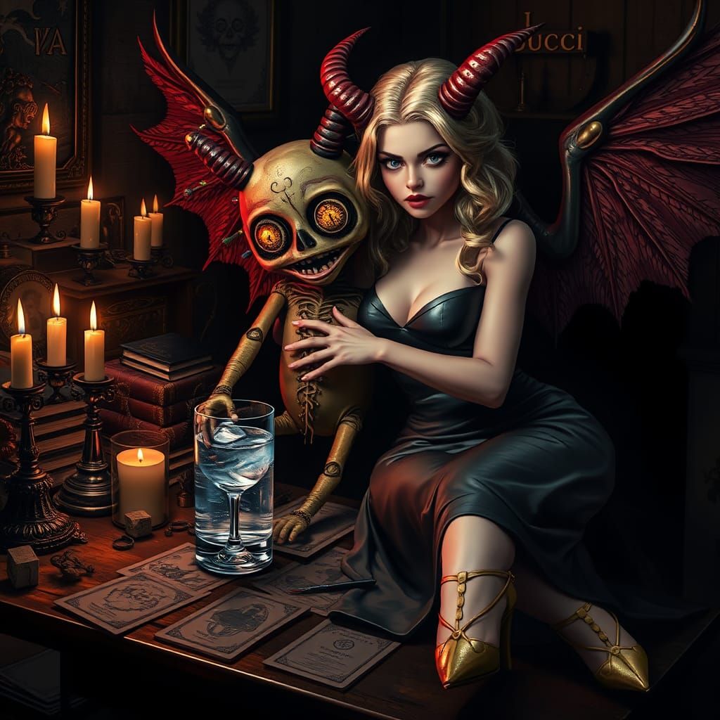 Mystical Voodoo Doll and Devil Temptress in Dark Fantasy