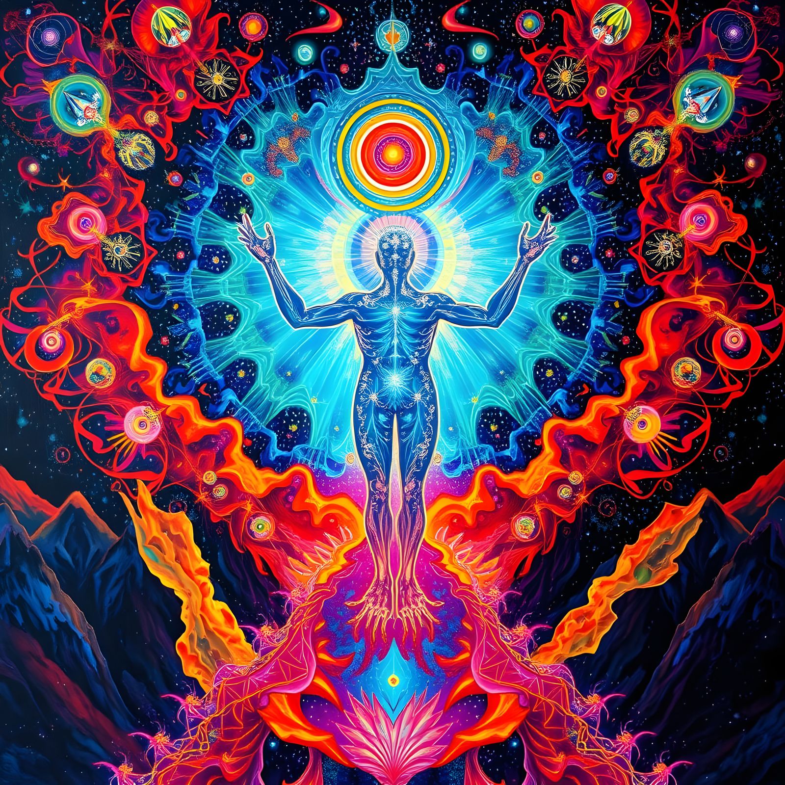 Ethereal Merge of Human and Cosmic Energy in Vibrant Colors