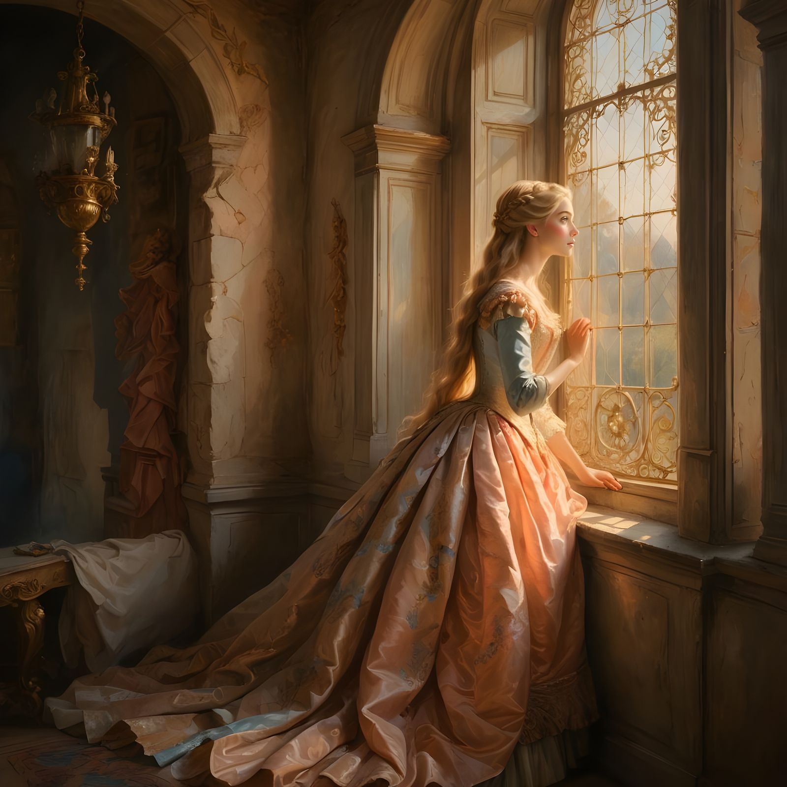 Rapunzel in Tower Window, Rococo Portrait