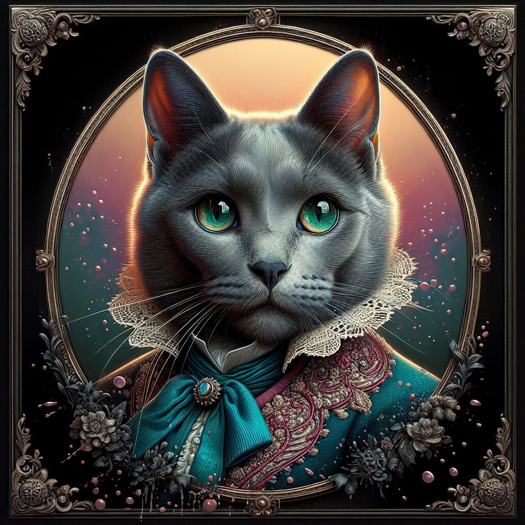 Victorian Russian Blue Cat Portrait in Digital Painting