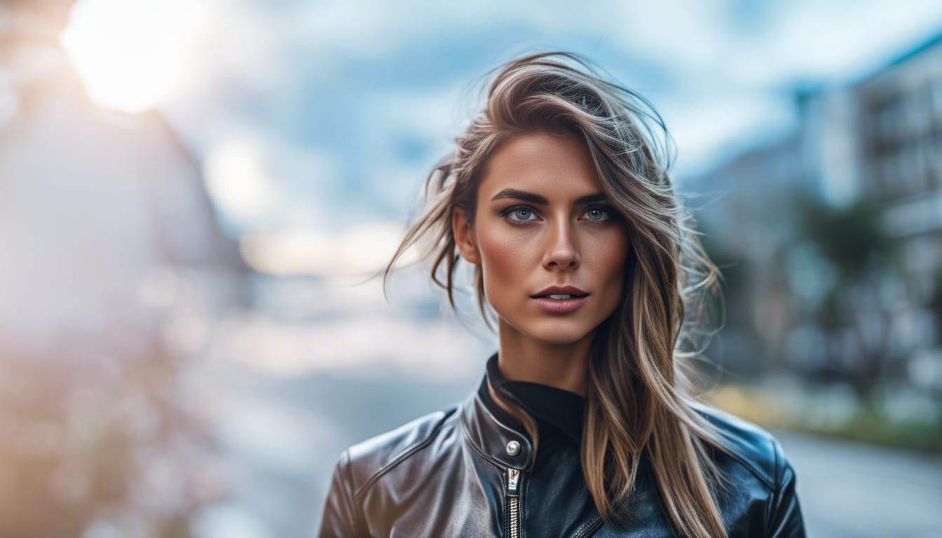 Beautiful Woman with Leather Jacket in Sunlight