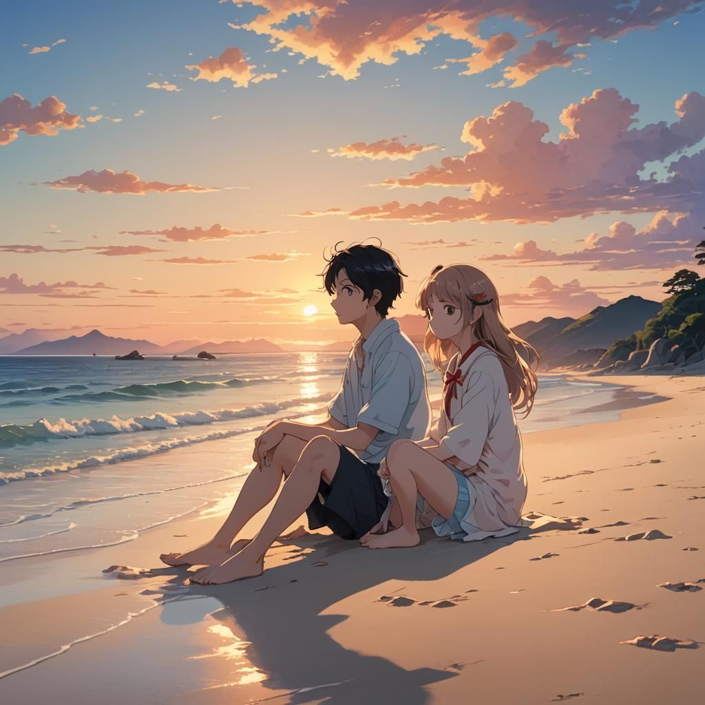 Anime Style: Girl and Boy on Serene Sunset Beach