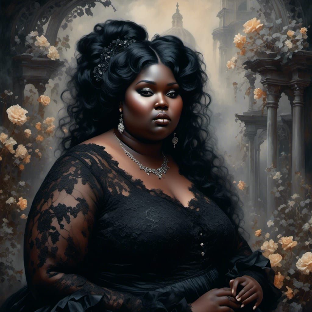 Gothic Obese Woman in Romantic Dark Garden