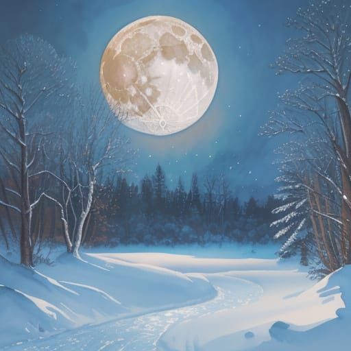 Winter Moonlight Scene in Impressionist Gouache Style