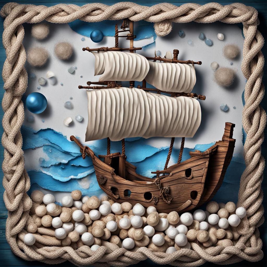 Craft Art Pirate Ship Sailing on Yarn Clouds