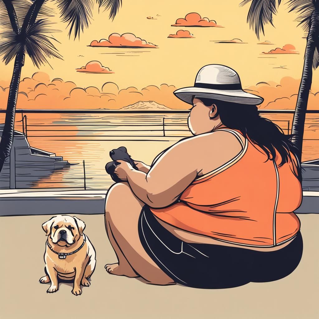 Curvy Woman with Dog in Bikini