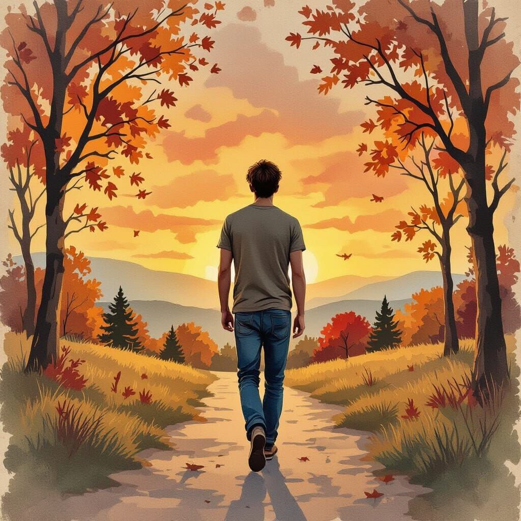 Autumn Park Stroll in Vintage Ink Painting Style