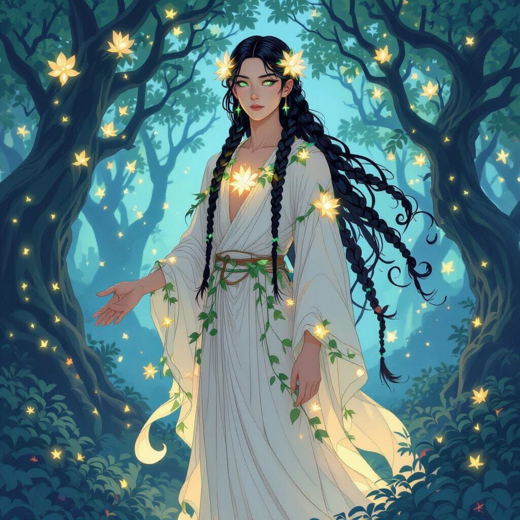 Ethereal Forest God in Bioluminescent Grove