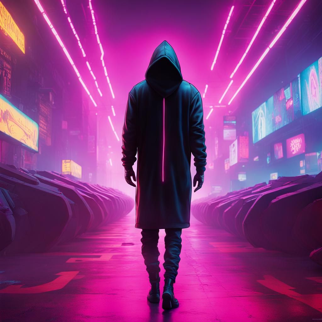 Mysterious Figure Crossing Worlds in Cyberpunk Style