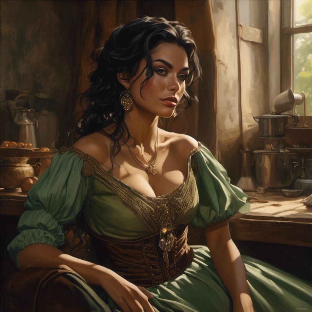 Peasant Woman Portrait in Dark Fantasy Cartoon Style