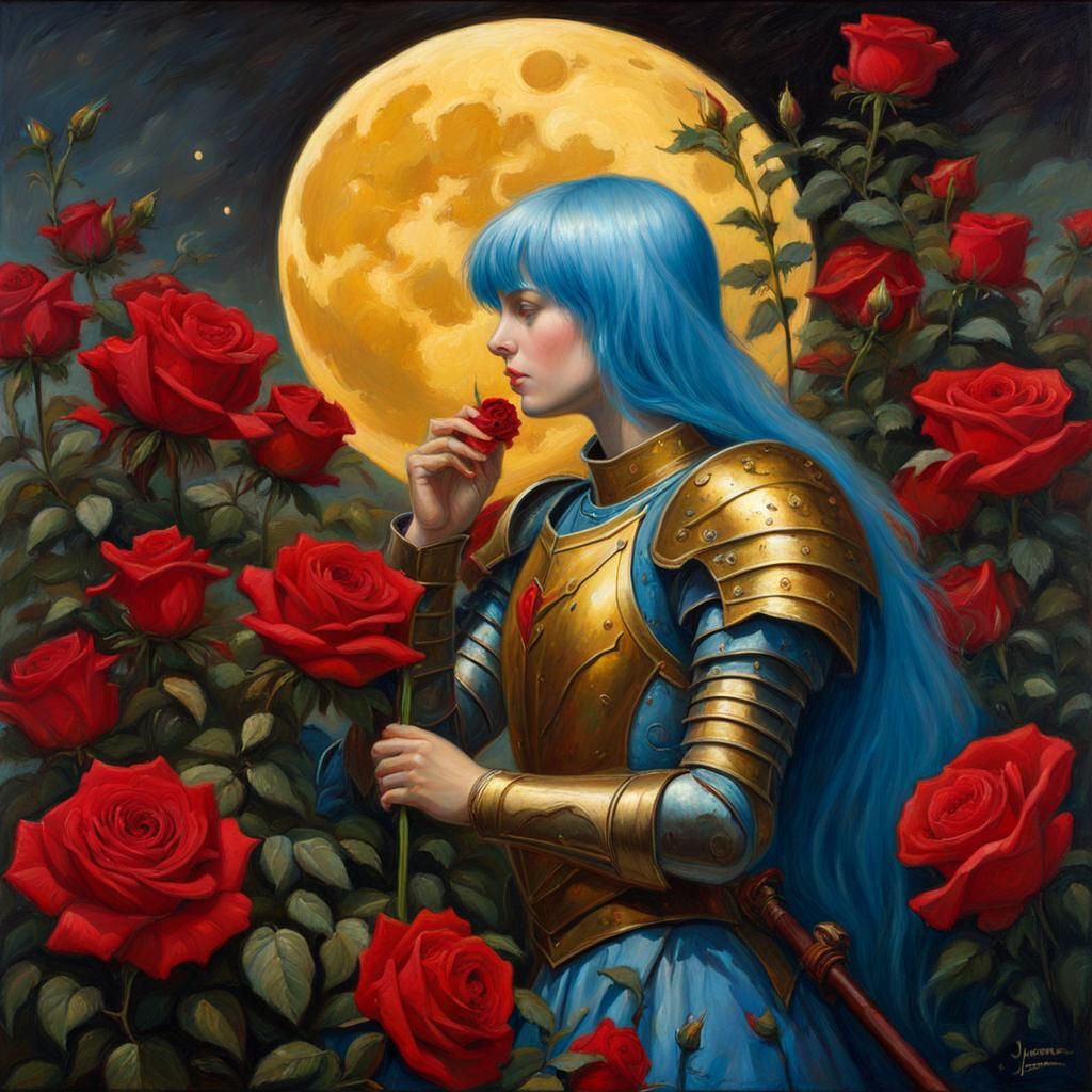 Blue-Haired Knight in Golden Armor Sniffing Rose