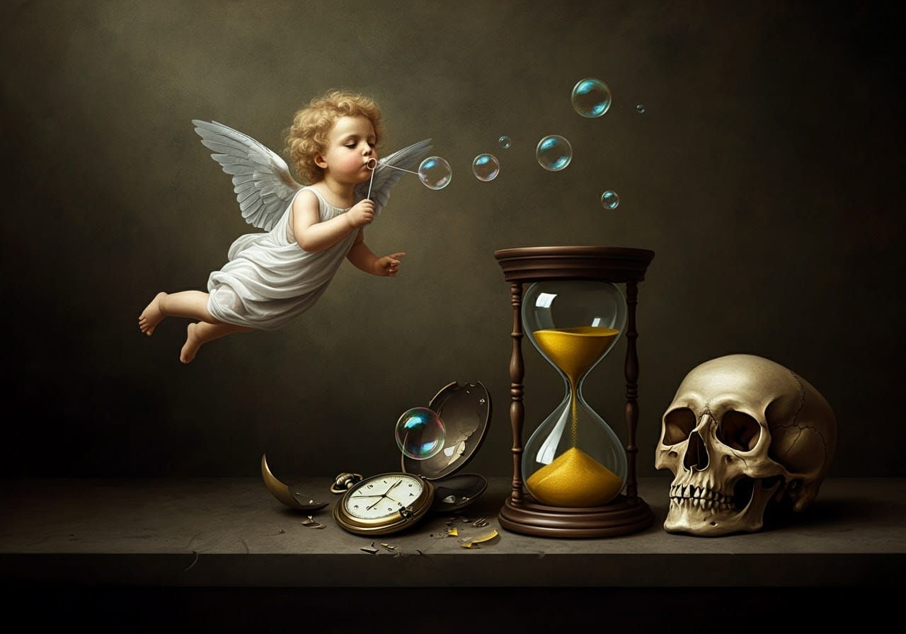 Cherubic Child Blows Bubbles in Vanitas Painting