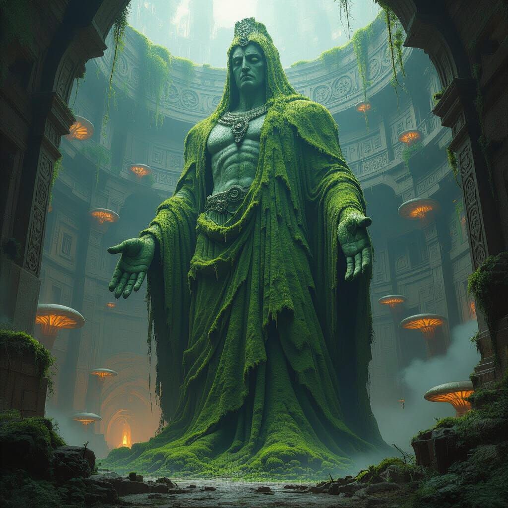 Moss-Covered Deity Over Subterranean City