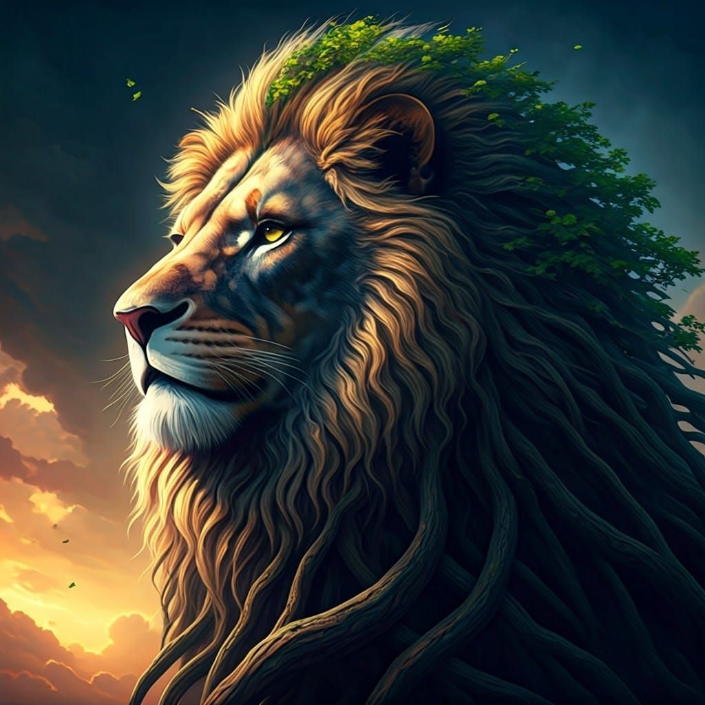 Lion Face Tree in Hyperrealistic Digital Art