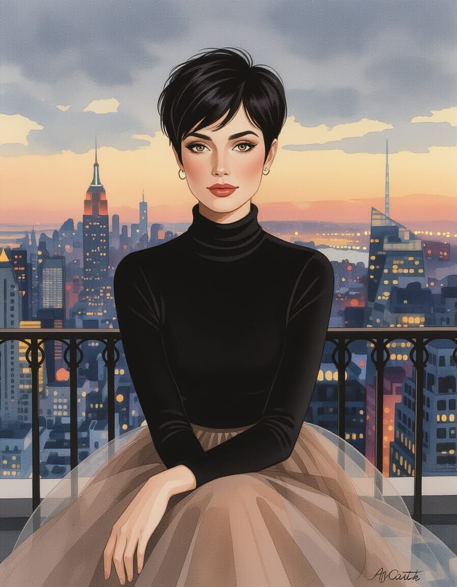 Painterly Portrait of Woman on Balcony Overlooking City at D...