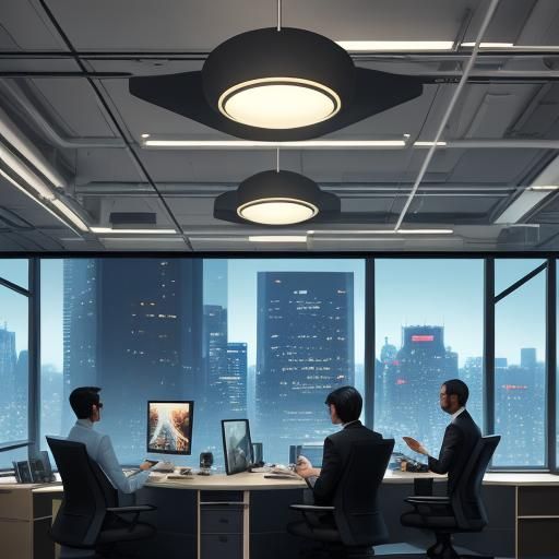 Futuristic Project Managers Collaborate in Neon-lit Office