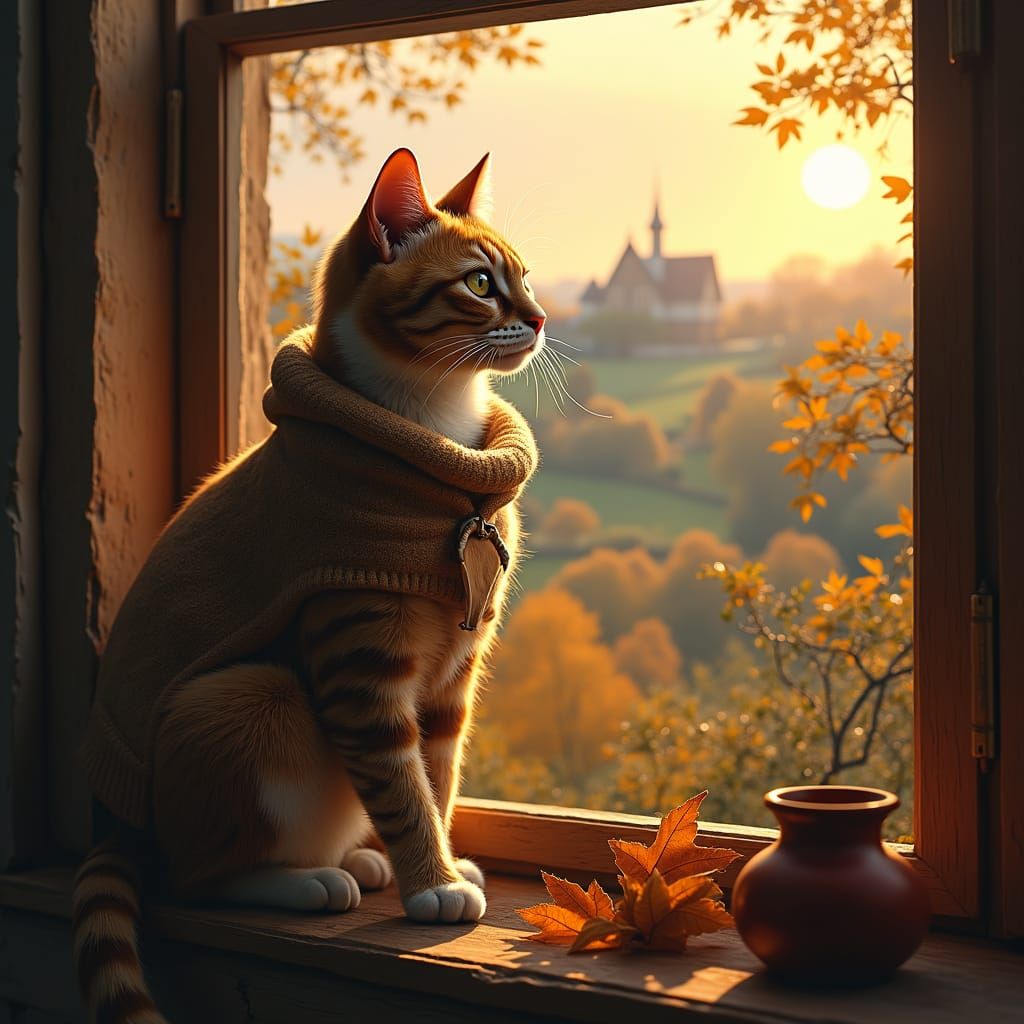 Cozy Cat at Twilight Window: Autumnal Matte Painting