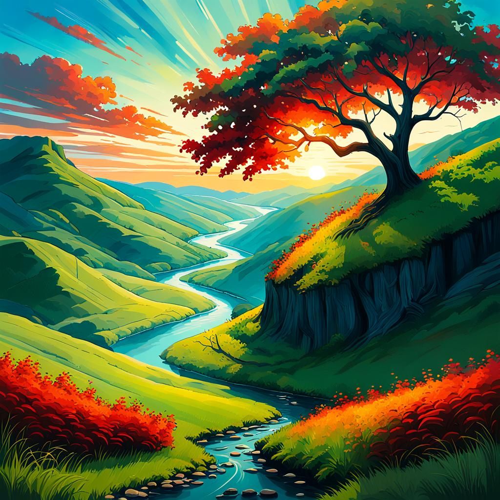 Vibrant Red Tree in Sunset Landscape, Graffiti Art
