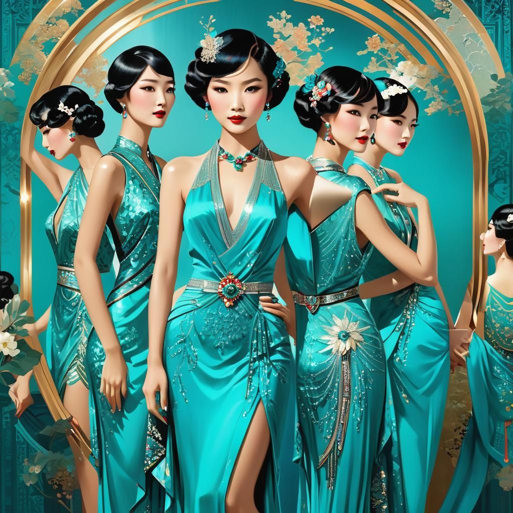 Asian Woman in Turquoise Dress at Gatsby Party