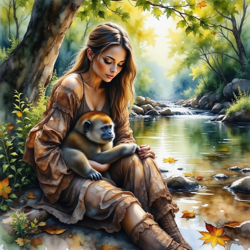 Woman and Monkey by River in Forest