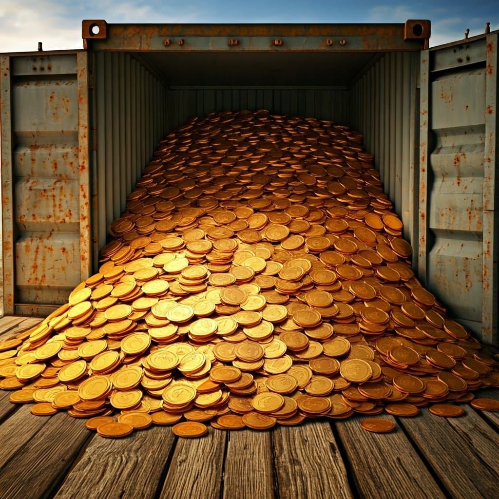 700,000 Gold Coins Spill Out of a Cargo Container in a Photo...