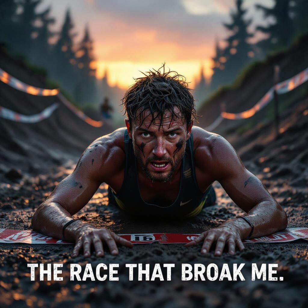 Exhausted Runner Collapsed at Finish Line in Dramatic Sunset