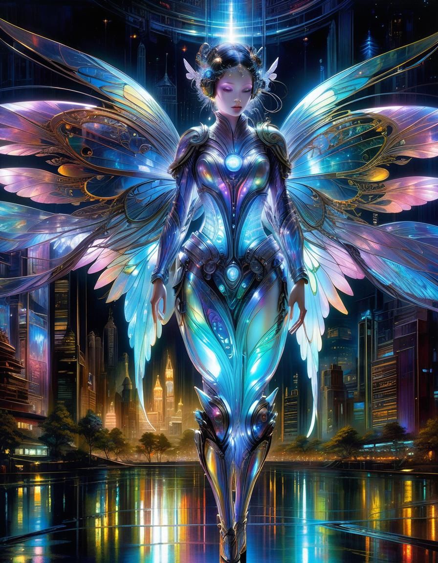 Cyborg Fairy in Futuristic Cityscape