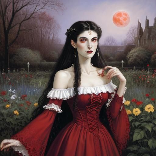 Vampire Woman in Garden, Oil Painting Style