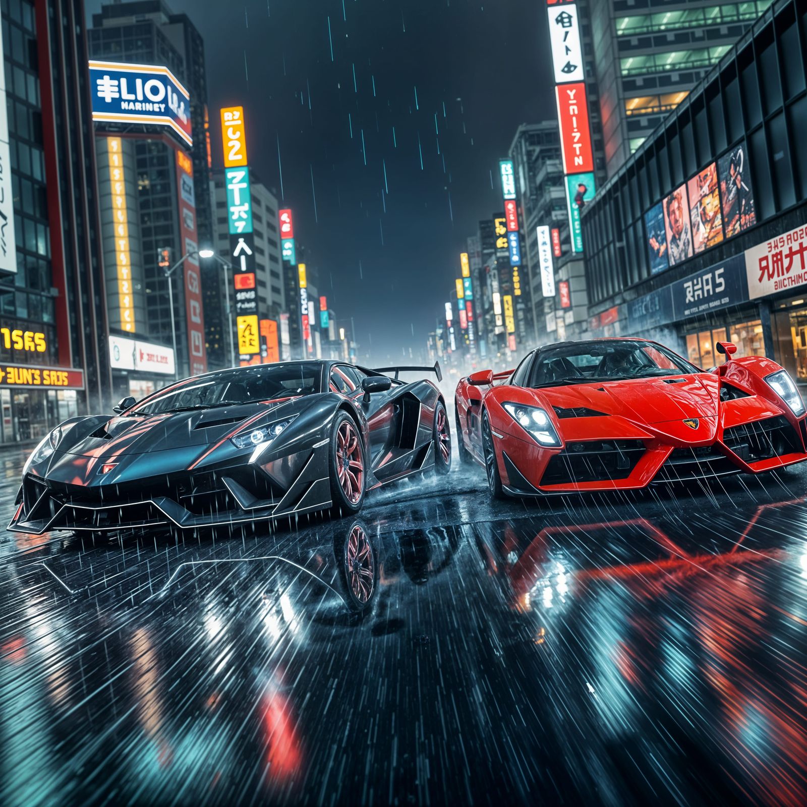 Futuristic Supercars Race in Neon Tokyo Cityscape