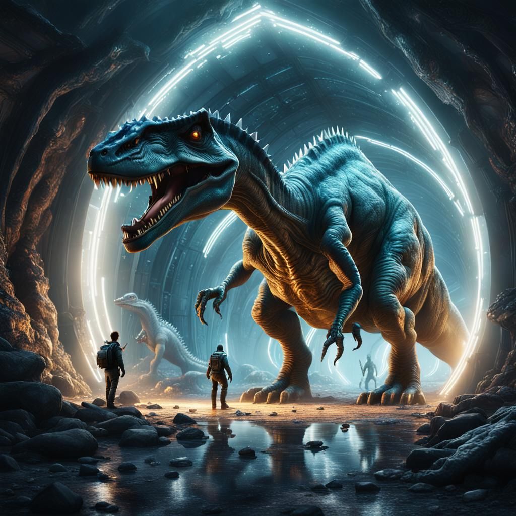 Alien and Dinosaurs in Luminous Diamond Tunnel