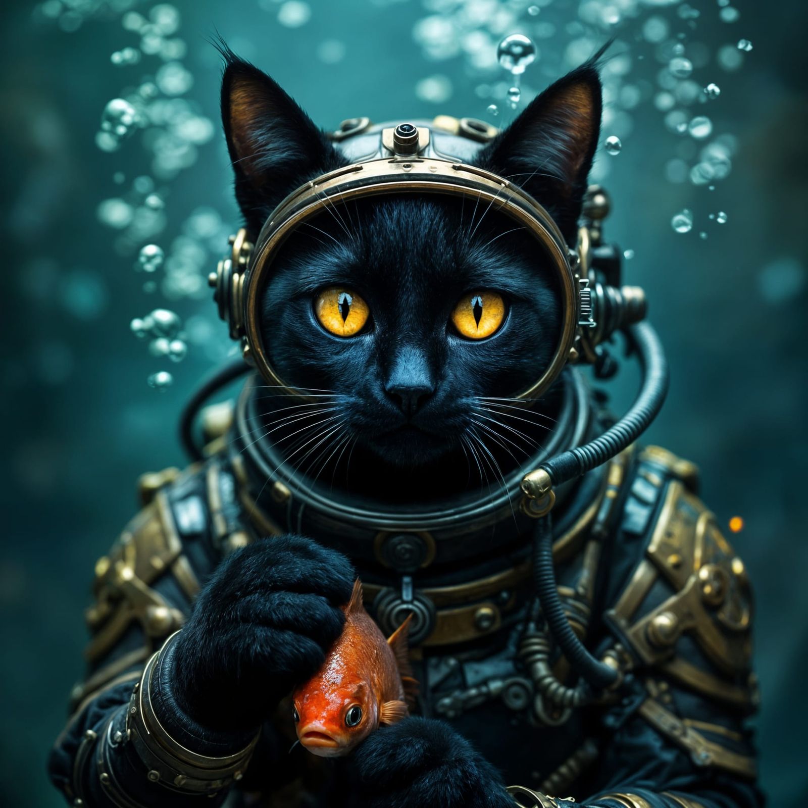 Steampunk Feline Angler in Amber Depths