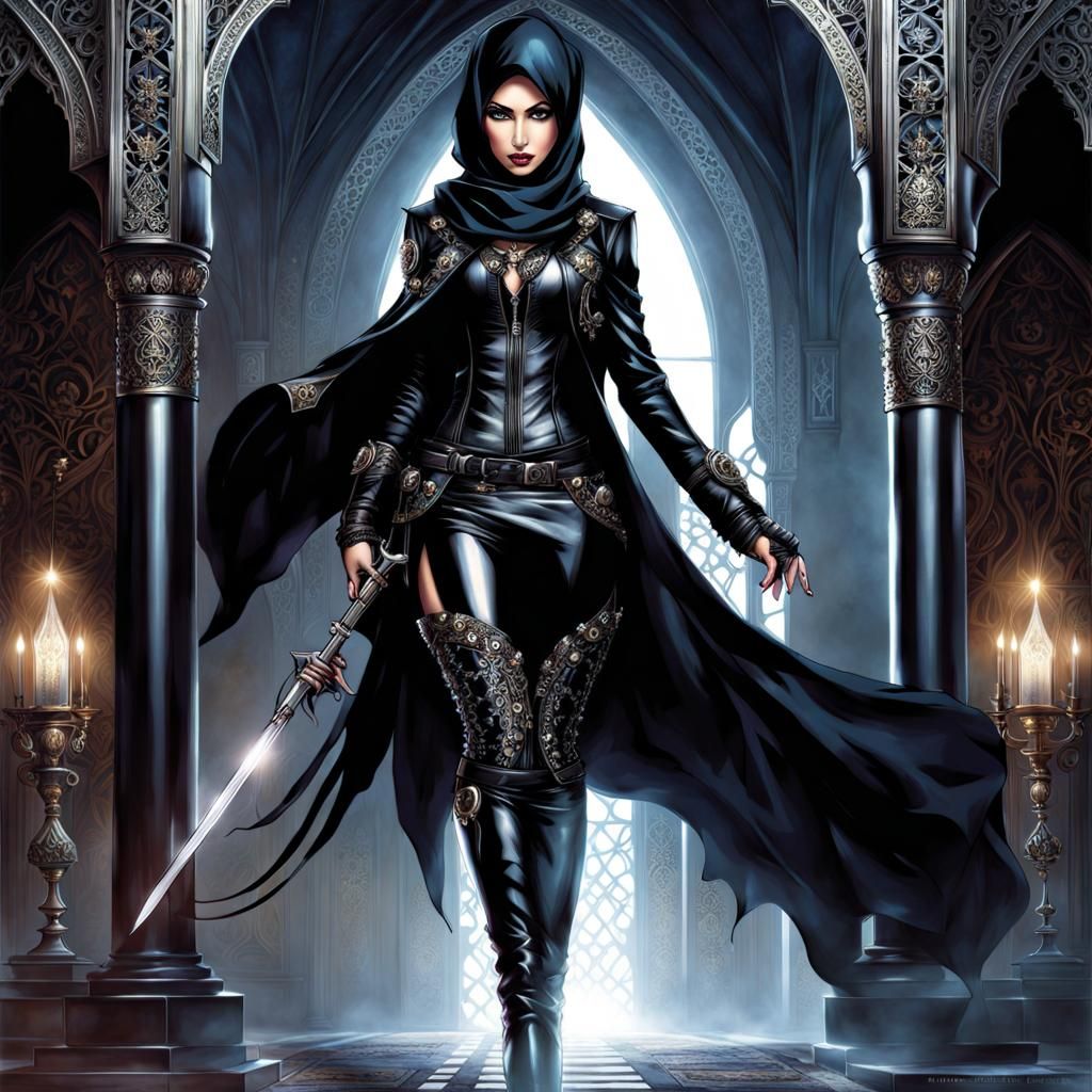 Gothic Muslim Woman in Leather, Fantasy Art
