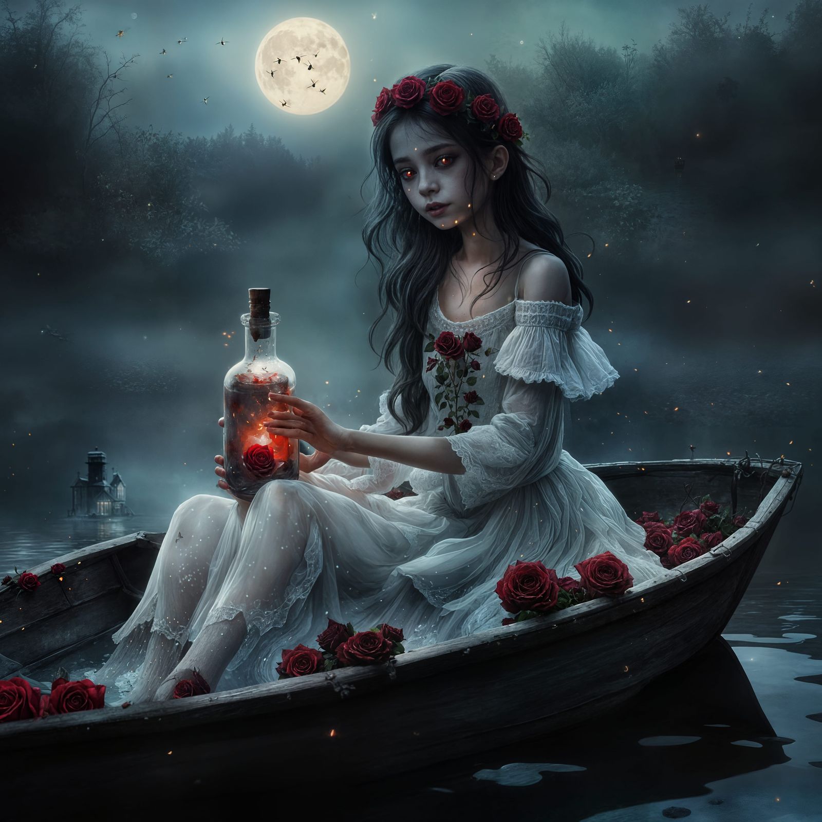 Gothic Girl in Boat with Fireflies, Realistic Night Scene