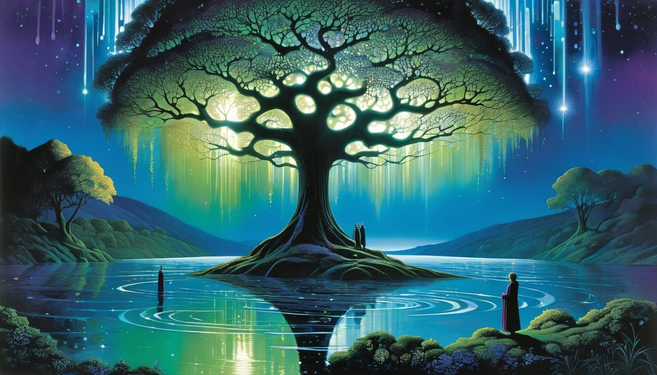 Glowing Water Tree Illuminates a Midnight Lake