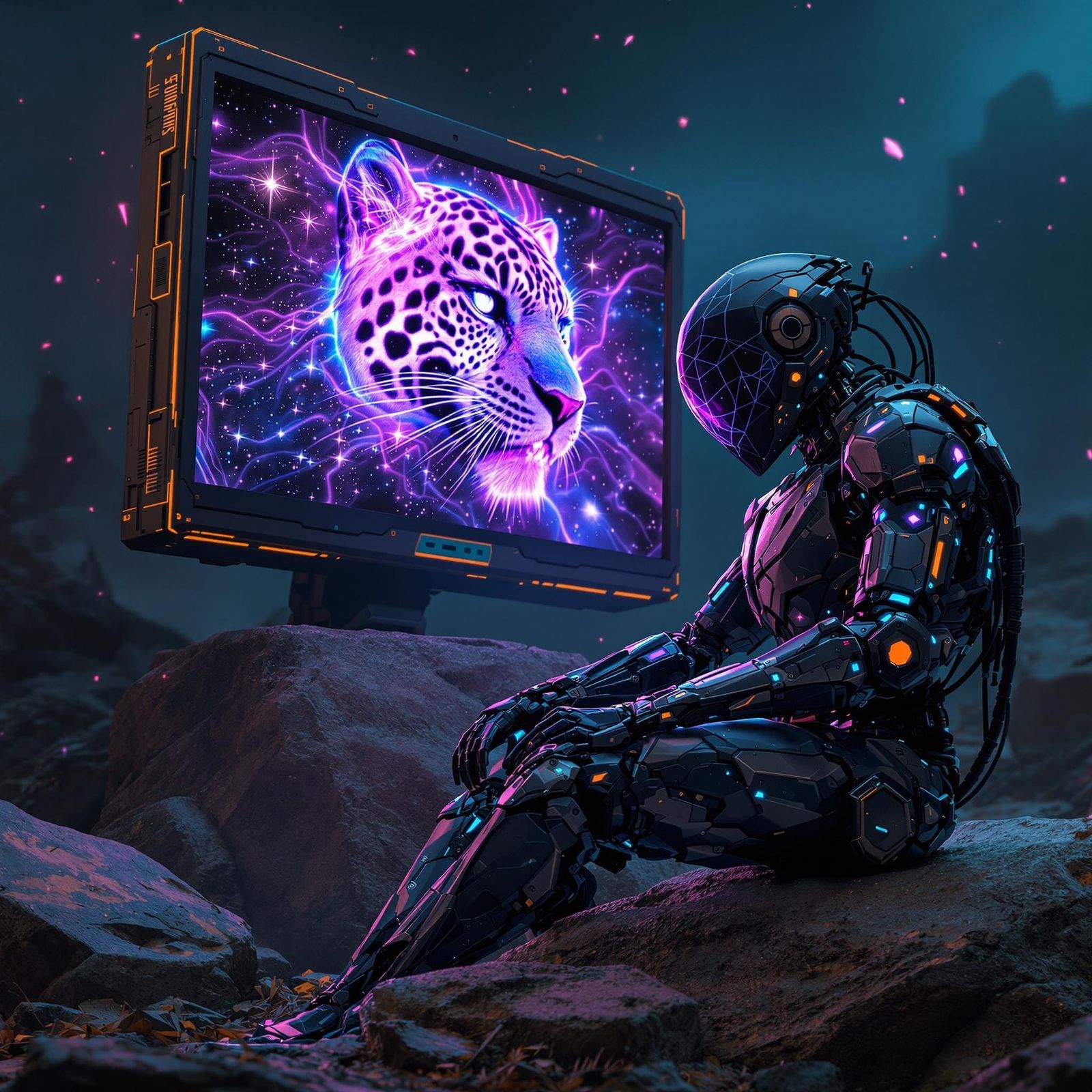 Cyberpunk Ninja Contemplates Digital Jaguar in Scrapyard