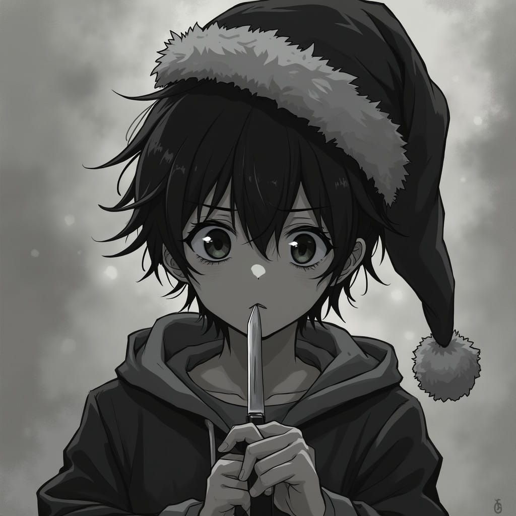Melancholic Anime Boy in Grey Christmas Hat