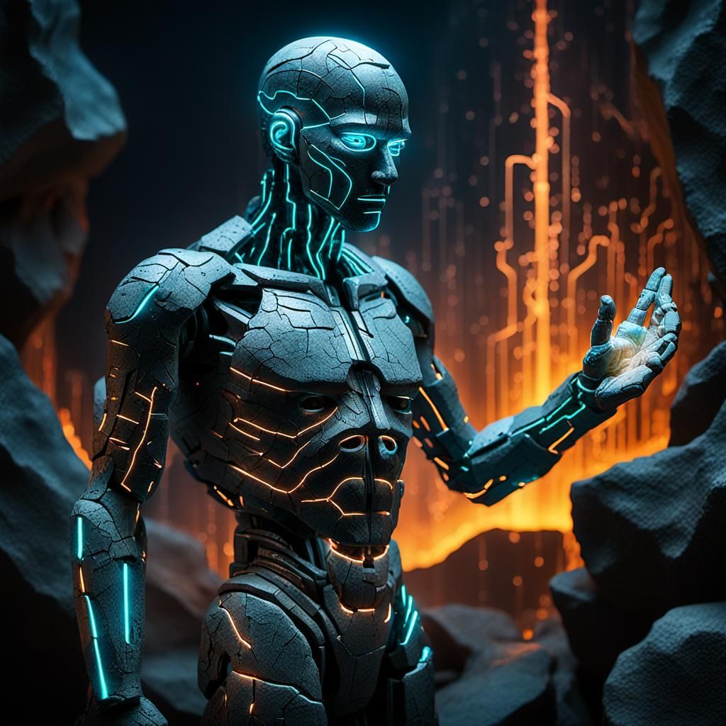 Cyberpunk Stone Sculpture with Glowing Core