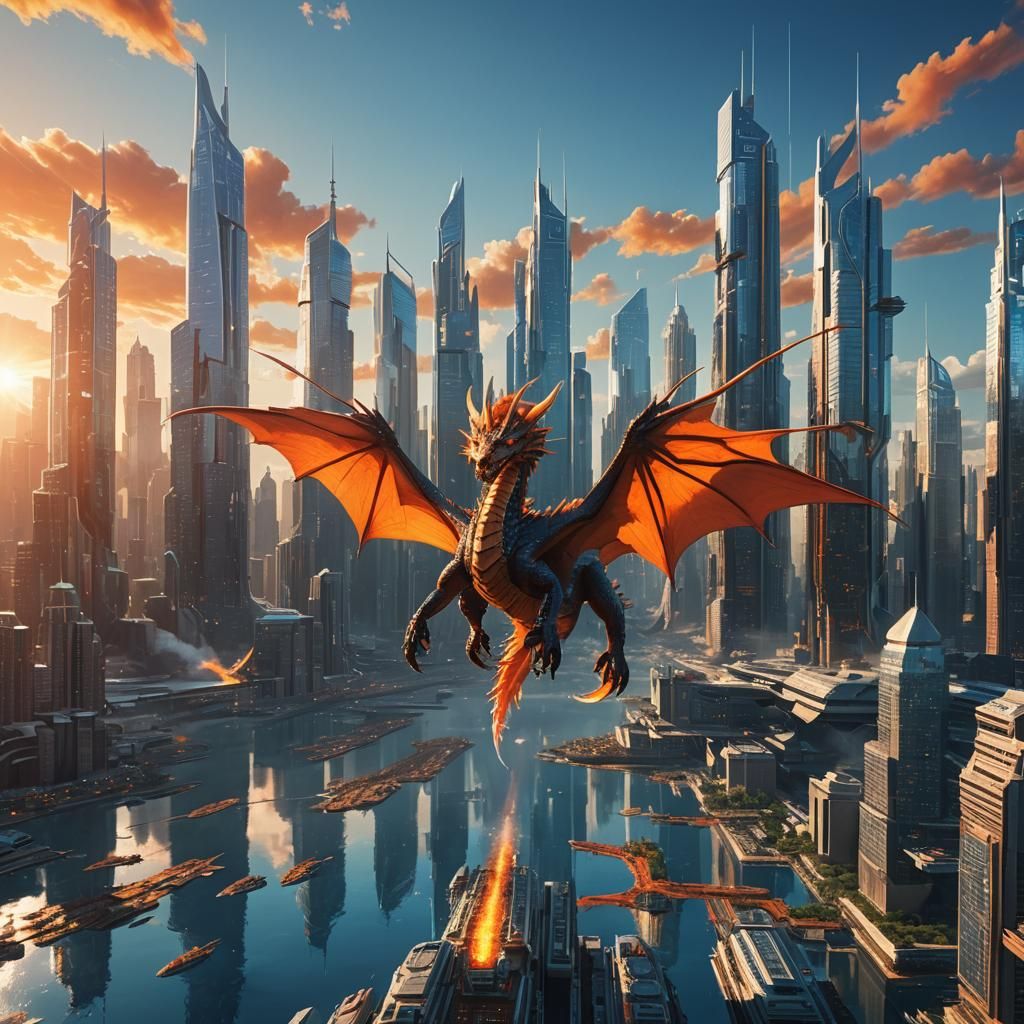 Dragon Above Futuristic City: Fantasy Matte Painting
