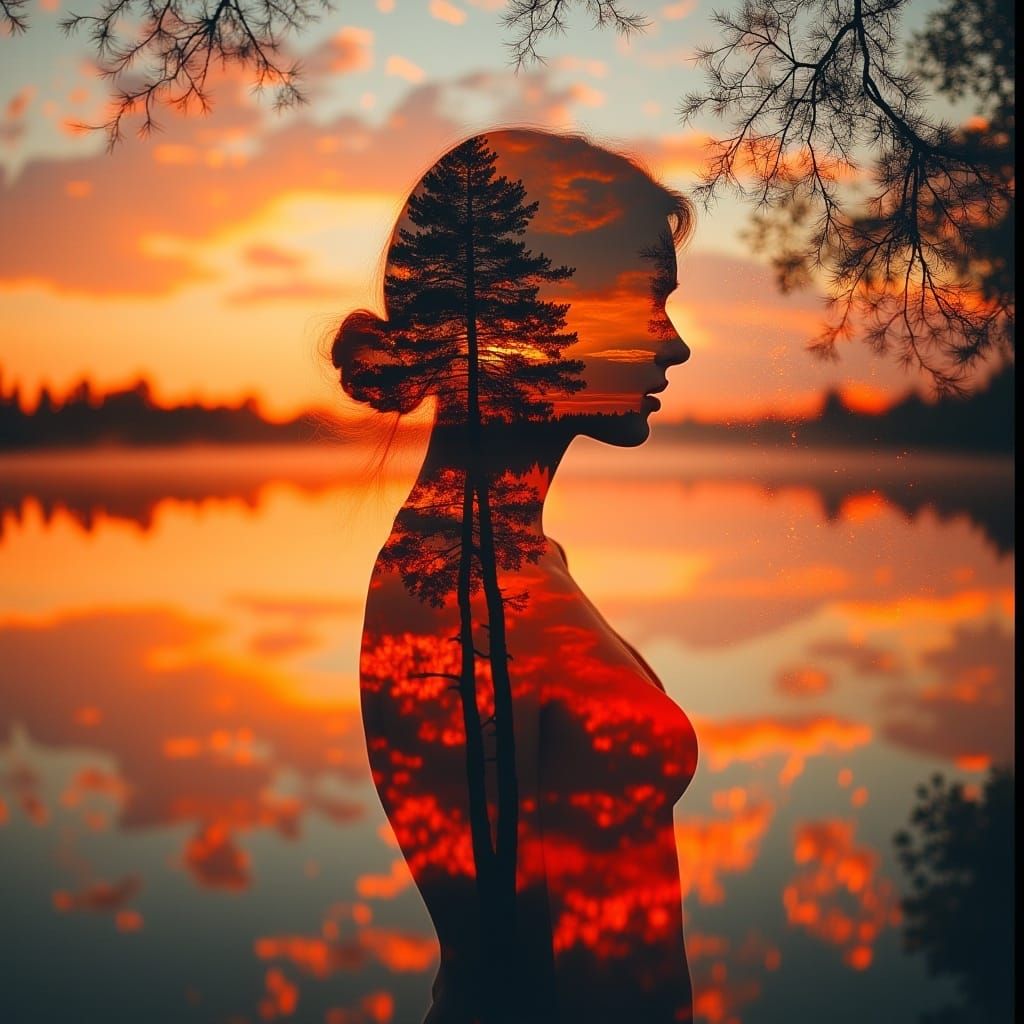 Dancer's Silhouette in Double Exposure Sunset