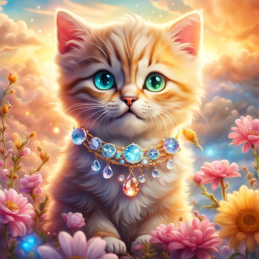Mystical Bejeweled Baby Cat in Golden Hour