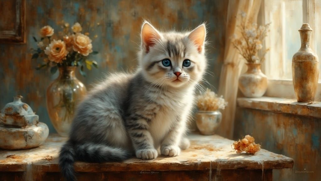 Blue-Eyed Kitten on Wooden Table, Digital Painting
