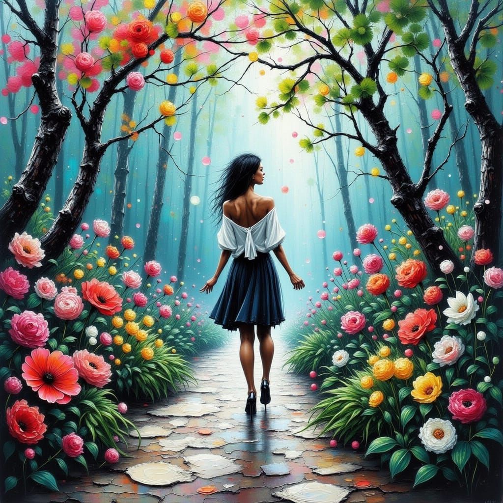 Serene Garden in Rainy Day Neo-Expressionist Oil Painting