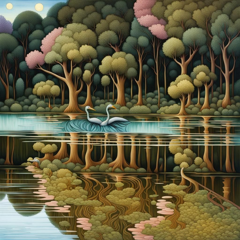 Summer Riverscape Reflections in Art Brut Style