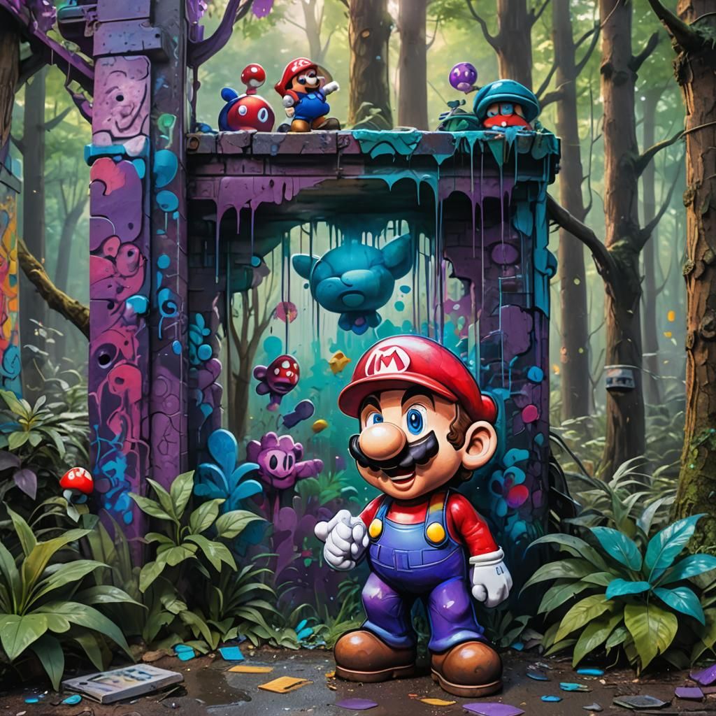 Mario in Graffiti Forest, Hyper-Realistic Concept Art