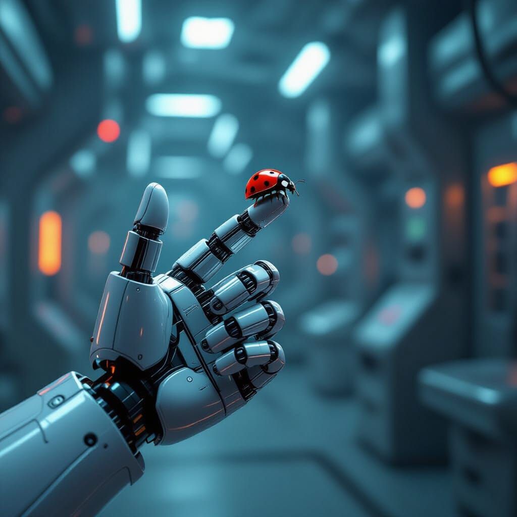 Robot Hand Holds Red Ladybug in Futuristic Setting