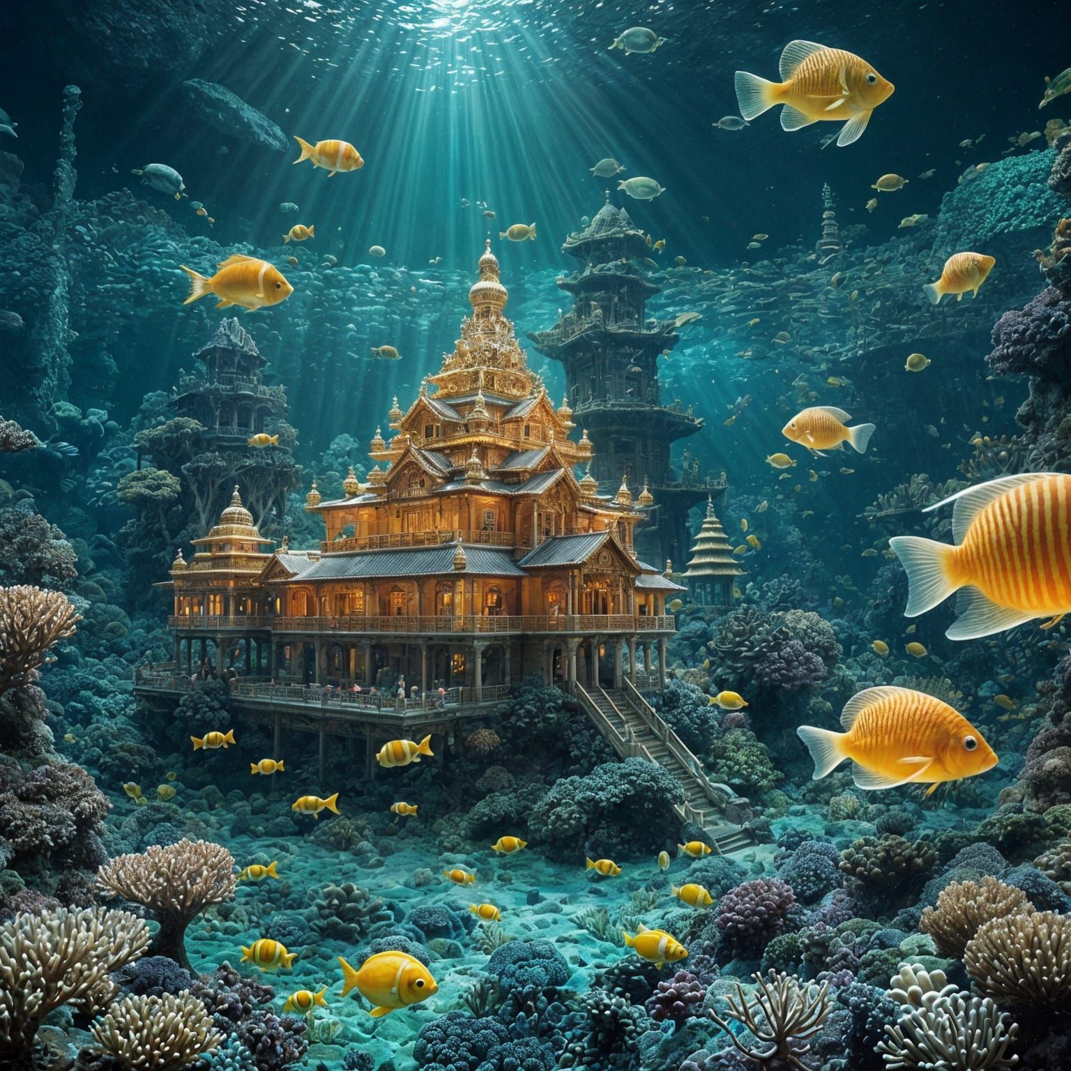Underwater Golden Temple with Bioluminescent Coral