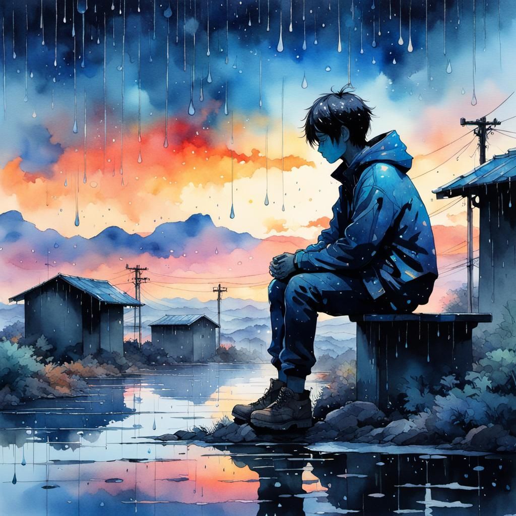 Vibrant Watercolor Silhouette at Sunset