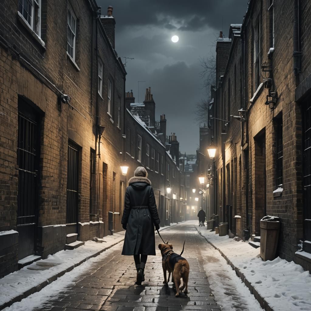 Winter Scene: Woman and Dog in London Alley