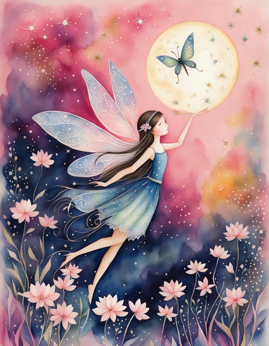 Whimsical Moonlit Fairy Watercolor Painting